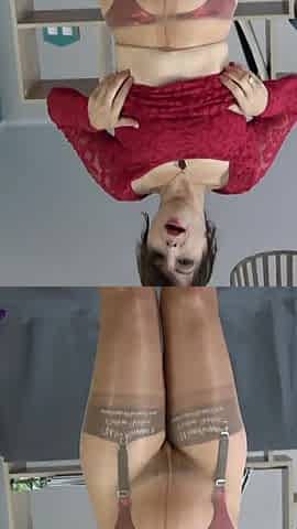 Layered nylons, hairy pussy and a dong