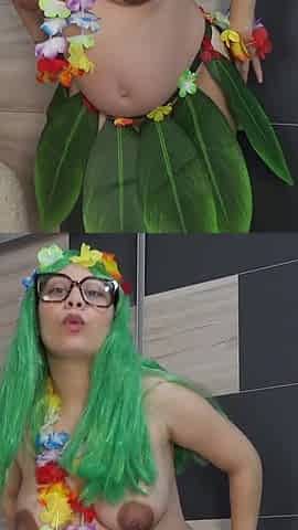 My Stepsister Performs Hawaiian Dance in a Green Hawaiian Cosplay Costume Then Masturbates and Shows What's Under