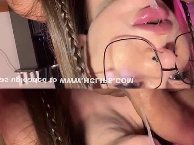 Selfie Video Of Deepthroat & Playing With Cum Bj In Glasses Moans From Deep Fucking