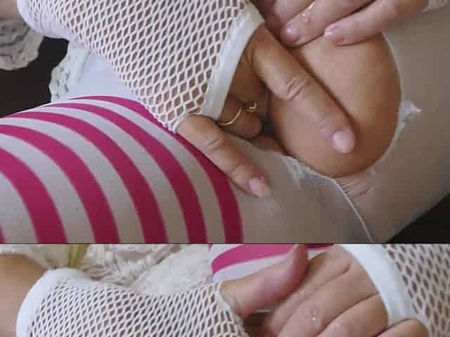 Close up Toy Fucking My Tight Wet Cunt in Ripped Striped Tight in a Mask & Gloved