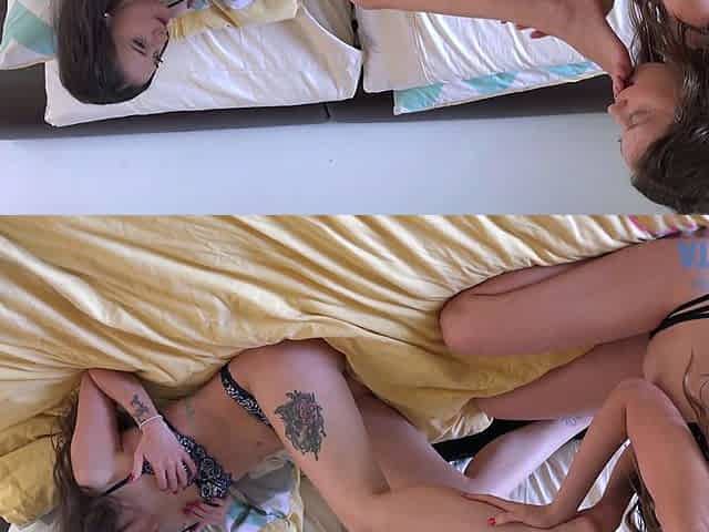 Blond and brunette lesbians licking pussy