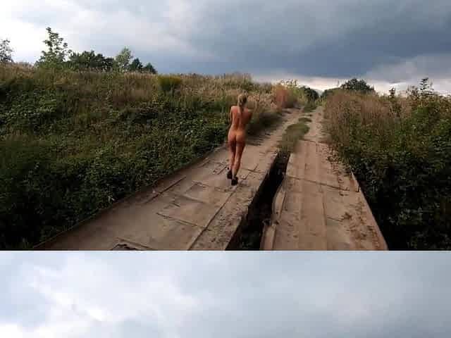 Risky Public Walk - Naked on a Broken Bridge