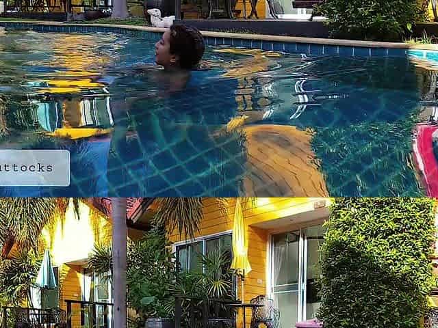 Nudist walks around the hotel and masturbates by the pool