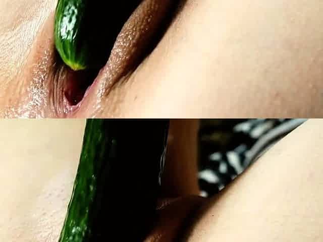 Asian Solo Female Plays with Cucumber on Webcam
