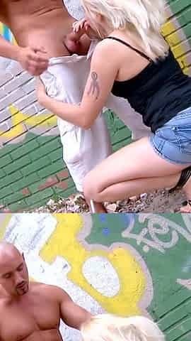 Blonde beauty wearing high heels enjoys outdoor hard fucking