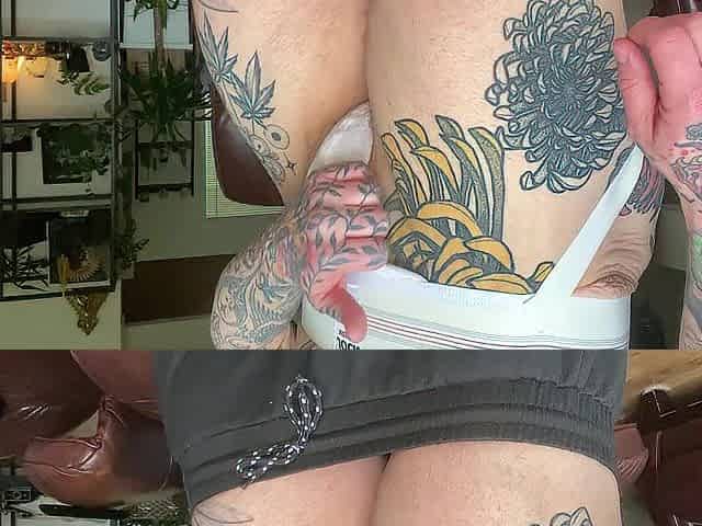 Buff Butch Tattooed Dyke Rubs Plays with Bulky Wet Snatch After the Gym,Jockstrap, Lesbo, Muscles