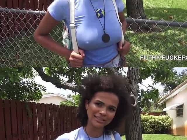 Curly Ebony Chick Takes Two Dicks Outdoor