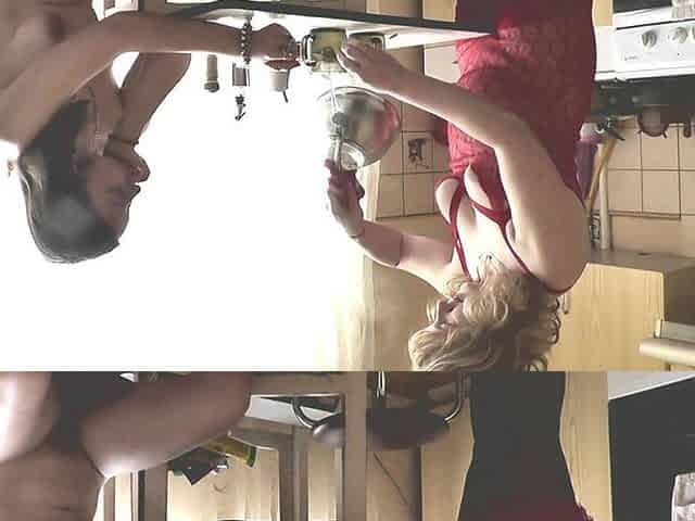 Adult Woman Blonde in Transparent Negligee and Beautiful Cute Brunette Naked Girl Cooks in Kitchen. Lesbians. Natural Tits Pussy