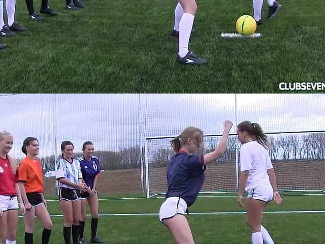 Girls on a soccer team strip down and play the game naked
