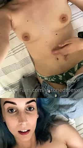 Busty curly brunette with big boobs fucks on couch