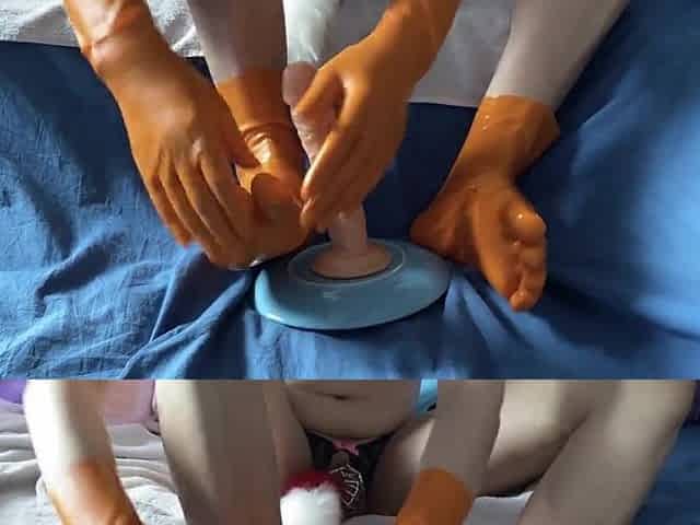 Latex Sissy Gives Sextoy Footjob