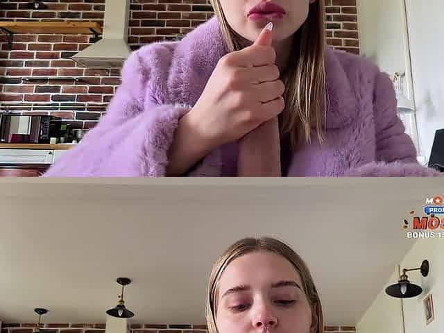 Hawt slut in purple furry coat loves cum on her nice-looking face