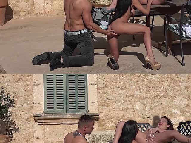 3 boyz in Mallorca below the blazing sun, sitting at a garden table with a plug up their booty.