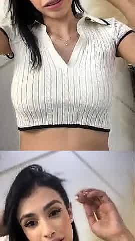 Busty curly brunette with big boobs fucks on couch