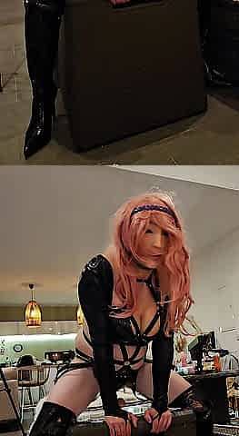 lola sissy doll riding a dlido in ebony latex underware