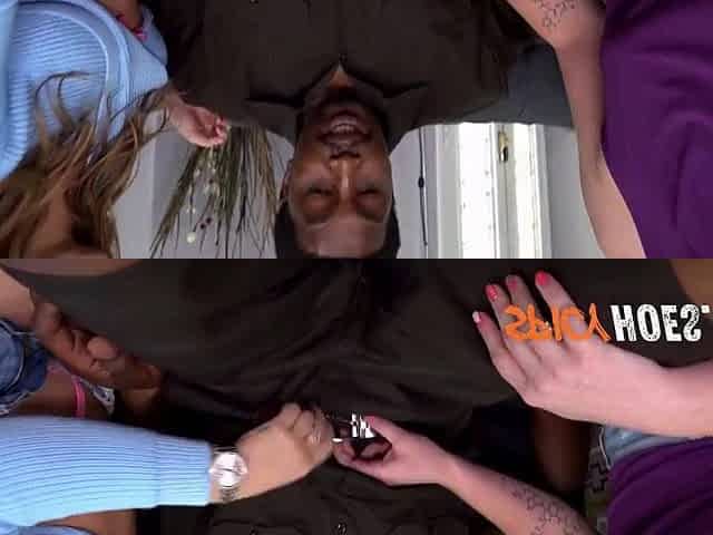 2 Chicks Share a Large Ebony Shlong in Their Butts