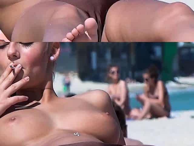 Hot nudist babe douses herself in sunscreen