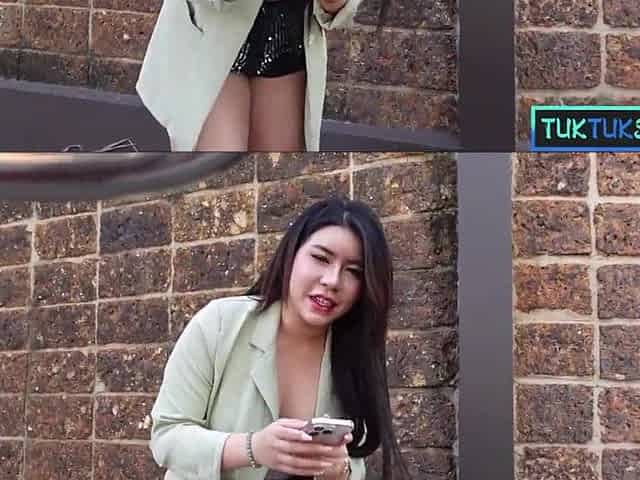 big beautiful woman Thai beauty takes for a ride in a Tuk Tuk by a much aged dude