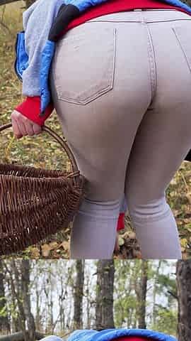 Milf In Tight Pants Collecting Mushrooms In The Woods Ass Fetish