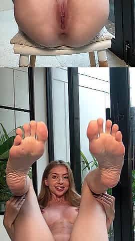 Hot blond posing nude on a chair with legs up ????
