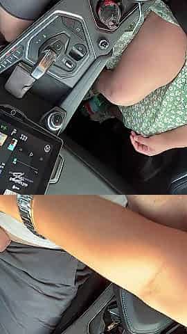 My girlfriend jerks me off in the car then masturbates