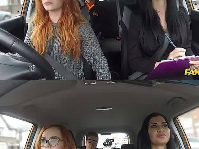 Redhead Student is drilled by driving instructor and examiner - Fake Driving School