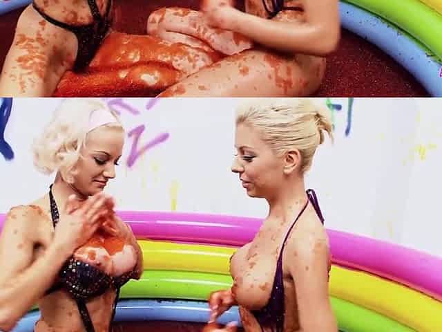 Jello wrestling and vehement fingering with 2 breasty playful blondes