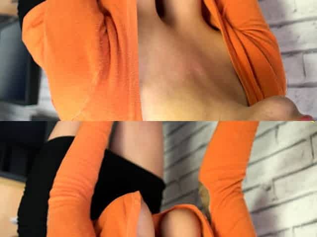 Busty curly brunette with big boobs fucks on couch