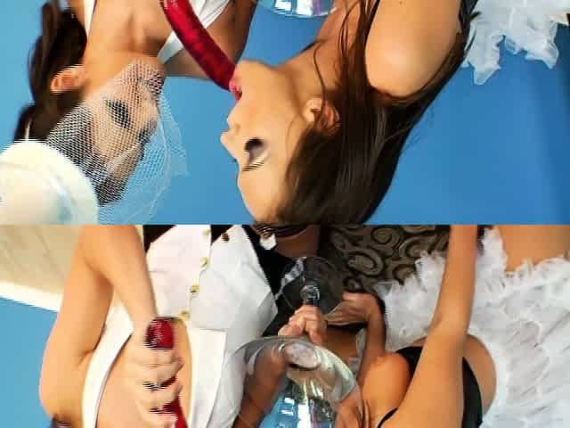 Two sexy brunette lesbians licking each others pussies