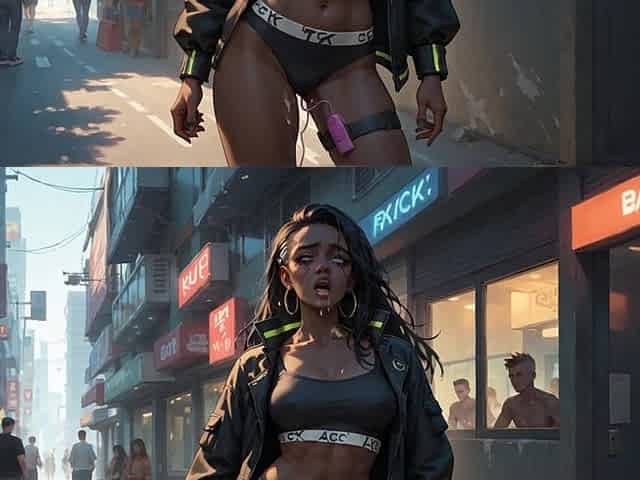 Cybernetic Ebony Queen's Milk Gushing Orgasm in Neon City! Warm Dark-hued Hardcore Porn!