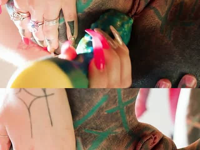 Goth Tattooed Lesbian's Anal Dildo Stretch
