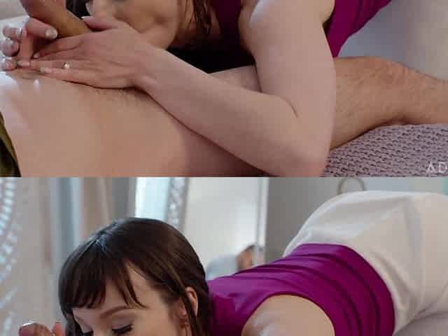 Luxury brunette bounces on young lover's BWC in her husband's presence