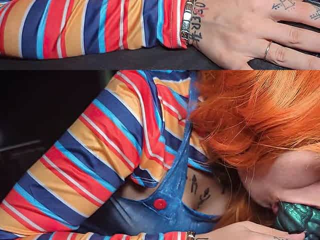 female chucky cosplayer cutie gets drilled by dragon sex toy