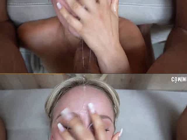 Petite blonde woman swallows a bwc