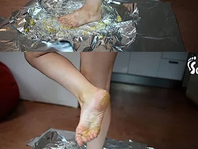 Brunette Gets Her Feet And Toes Covered With Food Worshiped By A Male