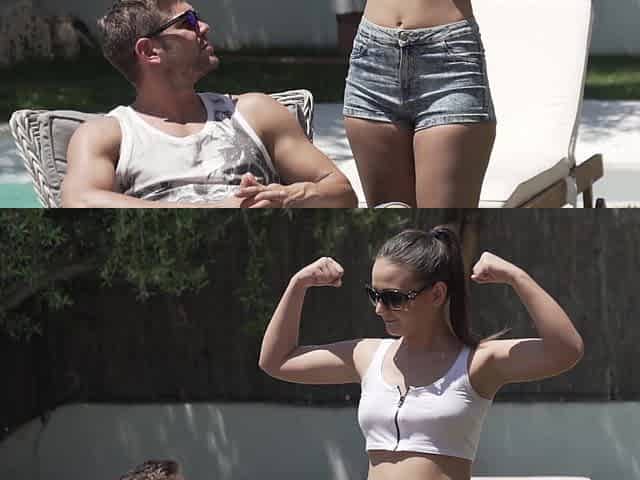 Glasses wearing brunette with natural tits in shorts