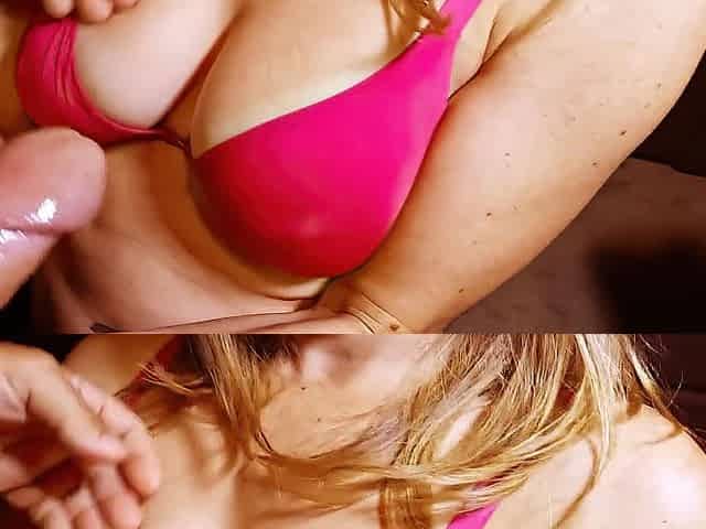 Sexy mother I'd like to fuck wife jerks cum onto large natural bazookas.