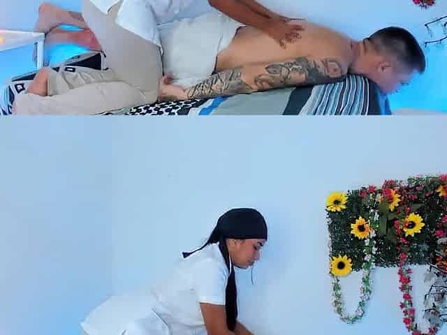 Professional cosmetologist and massage therapist ends her appointment with a glad ending