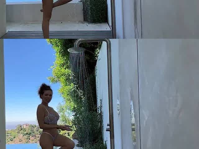 Outdoor shower in lavender underware