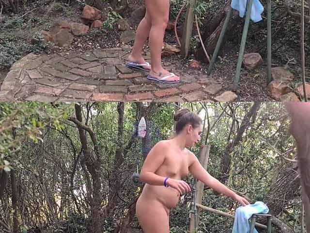 Soaping up my overweight body beneath a outdoor shower hidden in between the trees