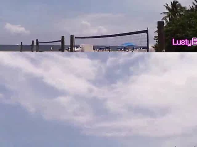 Bikini girlfriends having joy on the sun on a public beach then in a intimate pool