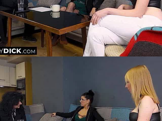 A blond office assistant and her boss are checking his petite wang
