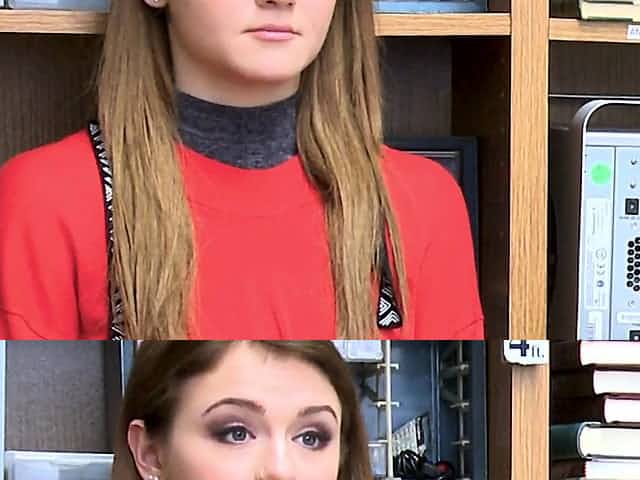 Rosalyn is bent over and banged on horny officers desk