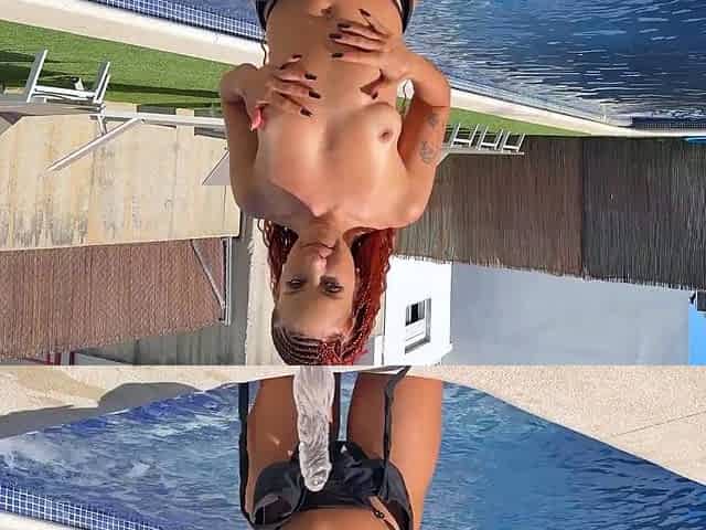 I fucked my pussy with the plug in my ass by the pool