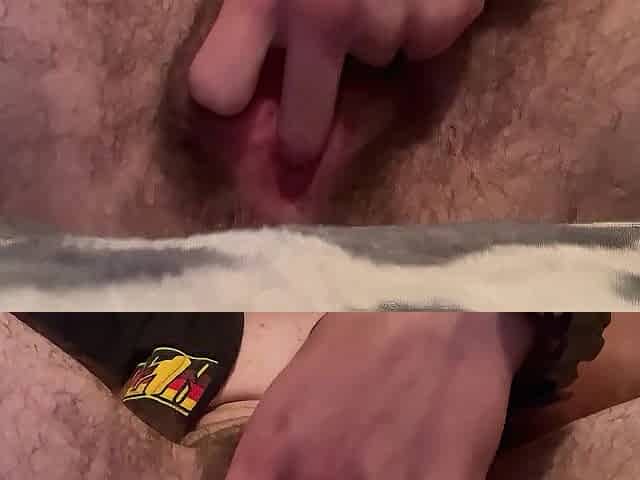 Unshaved FTM Playing with Hunk Vagina Trickling Cum