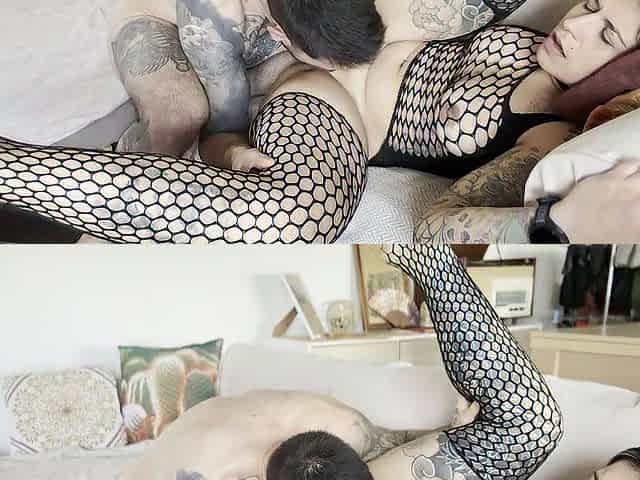 Amateur French pair banging on sofa, fishnet, squirt cutie and cum face