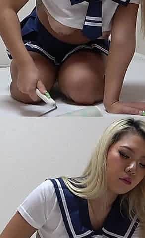 Busty Tanned Japanese Surfer Girl in Braless Student Uniform, Mini Skirt, Wedgie Thong Panties, Socks, Sexy Apartment Cleaning