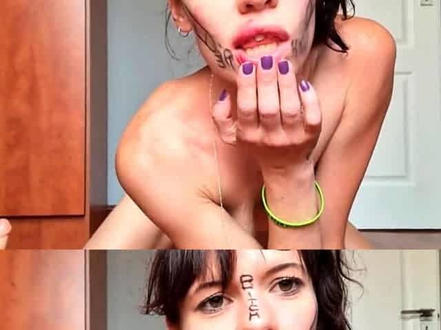 Solo brunette slut gags herself with a sex toy