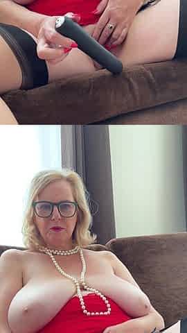 A super sexy blonde with big boobs and masturbating with a v