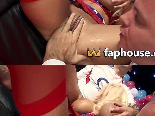Large-breasted blond hair babe Amy Azurra likes to dump cum load down her